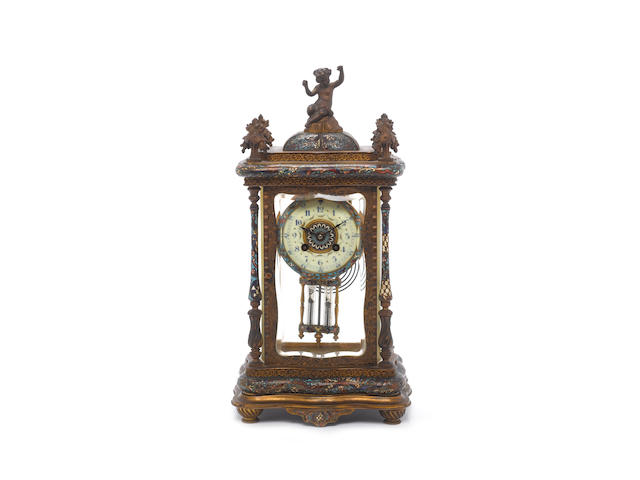 A late 19th century French decorative enamelled four-glass clock Unsigned