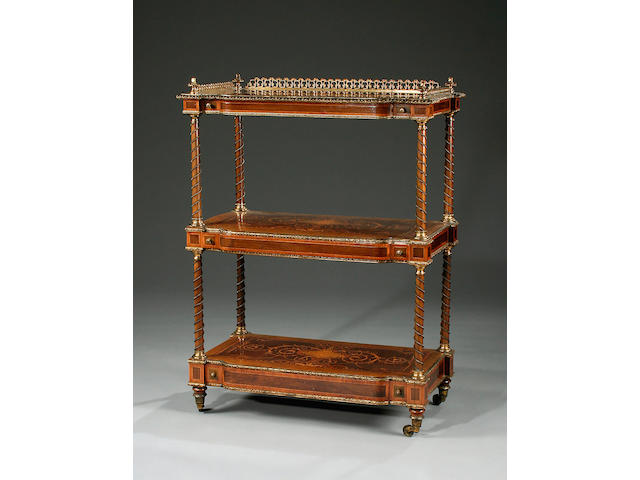 A maple, mahogany and inlaid Louis XVI style marquetry and gilt mounted three tier what-not, mid 19th Century