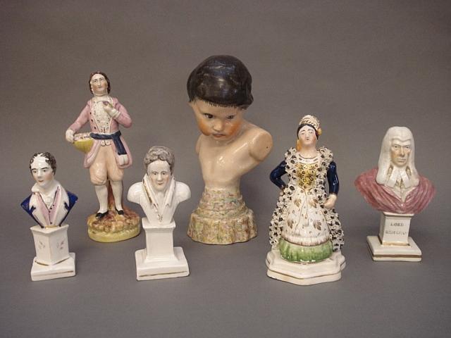 A collection of six various Staffordshire figures and busts