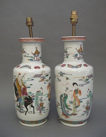 A pair of Chinese famille rose style rouleau vases