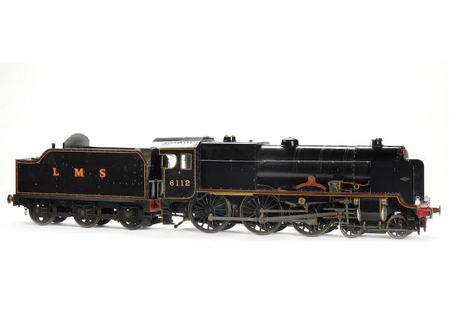 A well engineered 5in gauge model of the L.M.S Royal Scot class 4-6-0 locomotive and tender No.6112 'Sherwood Forester' This locomotive was built during the war in Vancouver from war surplus material, wheels and cylinders being obtained from Bassett-Lowke after the war.  Was mentioned in Model Engineer in June 1950.  Rebuilt in 1986 and painted in 1946 L.M.S colours.  The engine took part in the B.C.S.M.E track run the mark the American 200th anniversary doing 200 laps of their track.  Also took part in the Mini-Locomotives event during the Expo 86 celebrations in Vancouve.  Believed to be the only Royal Scot to have traversed the Panama Canal and lately a working engine for the North Cornwall Model Engineers.