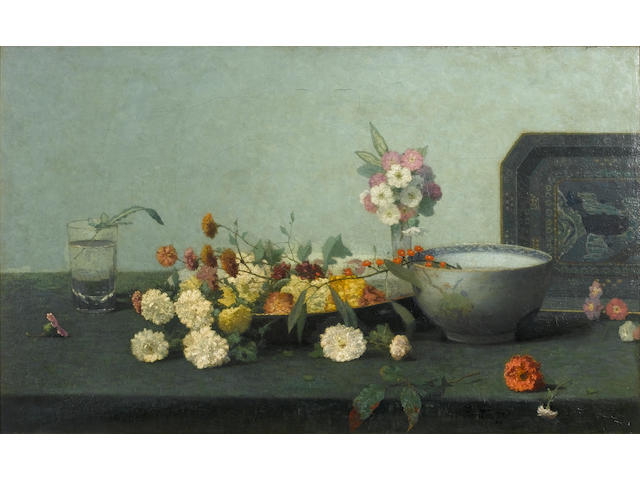 French School, 19th Century Still life of flowers on a ledge