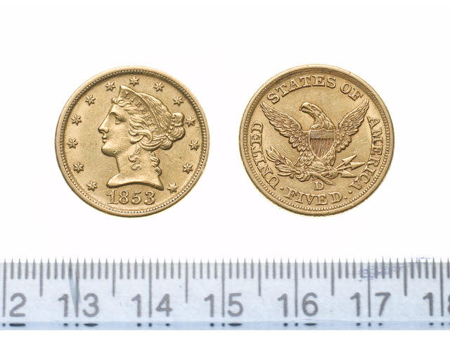 U.S.A., Five Dollars, 1853D, 8.3g, coronet type, Liberty head left,