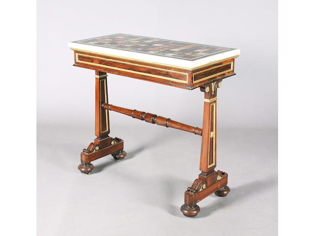 A good and small George IV rosewood, parcel gilt and specimen marble top rectangular library centre table
