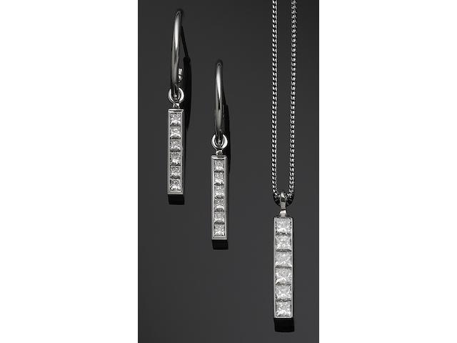 A diamond pendant necklace and earring suite, by Theo Fennell (2)