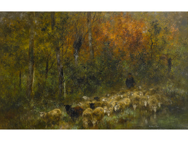 Xavier de Cock (Belgian, 1818-1896) Shepherd and flock in woodland