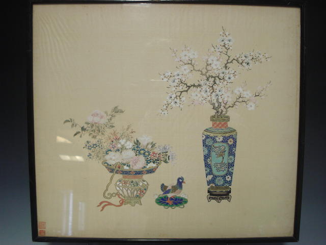 Two pairs of watercolours on silk 19th/20th century