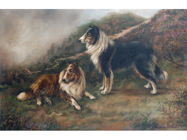 Adrienne Lester (British, 20th Century) Two Collies in an open landscape