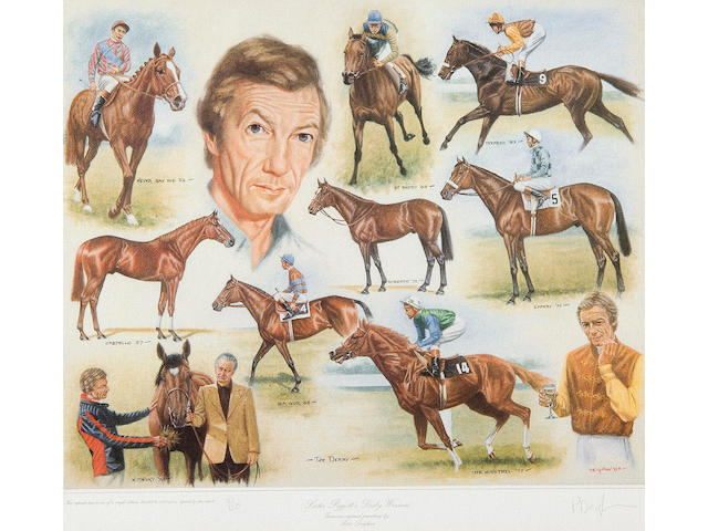 After Peter DeighanLester Piggott's Derby WinnersSigned and numbered 161/850 photographic colour reproduction image 44 x 52.5cm (17 1/4 x 20 3/4in).together with three others: Lester Piggott's Oak's Winners; Lester Piggott's 1,000 and 2,000 Guineas Winners; Lester Piggott's St Leger Winners. (4)