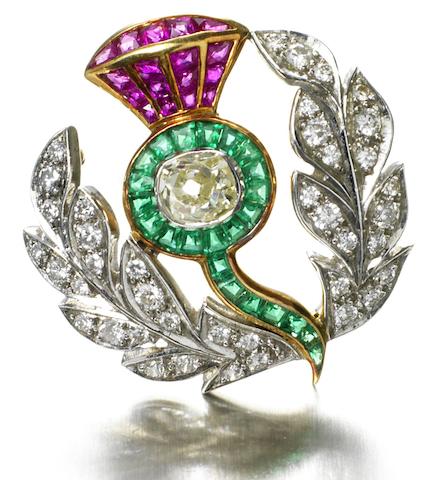 A fine early 20th Century ruby, emerald and diamond thistle brooch
