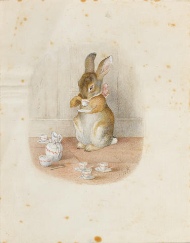 Beatrix Potter (British, 1866-1943) The little bunny drinking tea unframed