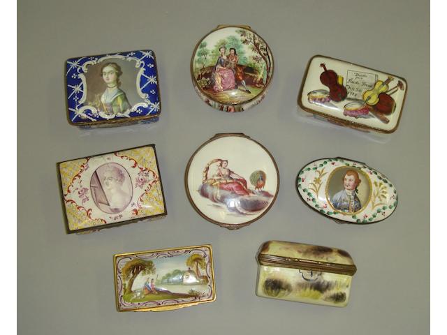 Eight enamel snuff boxes Second half 18th century.