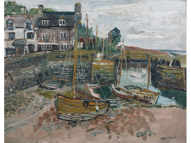 Fred Yates (British, 1922-2008) Cornish harbour scene with fishing boats at low tide, on board, signed lower right, 42 x 53cm See front cover illustration