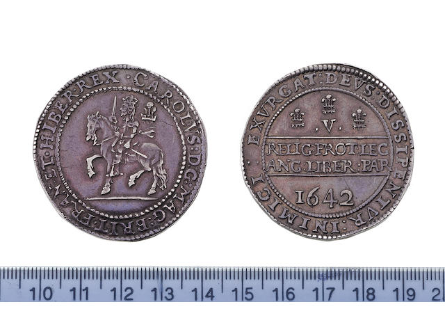 Charles I, Provincial and Civil War issues (1638-49), Oxford mint (1642-46), Crown, 1642, 29.7g, king on horseback left, behind a plume, Shrewsbury die with groundline,