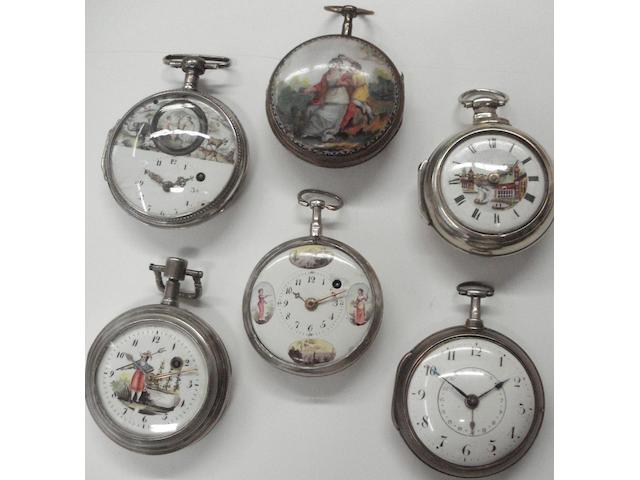 A lot of 6 various English and Continental open faced silver pocket watches 6