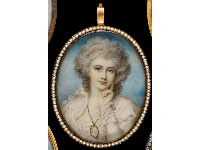 After Richard Cosway, RA Maria Cosway (n&#233;e Hadfield) (1760-1838), wearing white dress with ruffles at the neck and wrist, an oval miniature on a blue ribbon hanging around her neck, her left hand raised to her chin, her hair curled and powdered