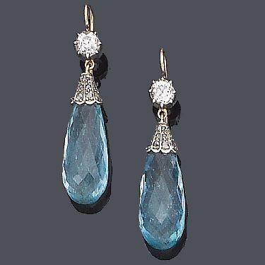 Bonhams : A pair of aquamarine and diamond pendent earrings