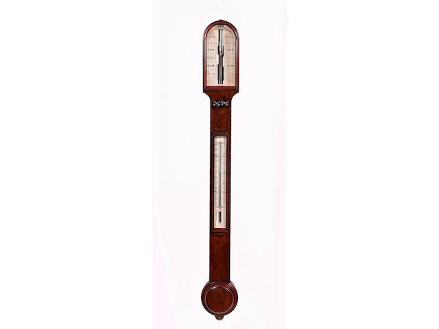 A late 19th century burr walnut cased stick barometer Dollard, London