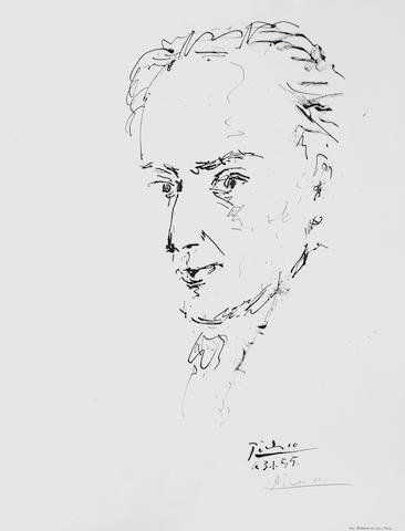 After Pablo Picasso (Spanish, 1881-1973) Portrait of Antonio Machado Offset lithograph, 1955, on heavy wove, a proof before text, signed in pencil, printed by Imprimerie Moderne du Lion, Paris; 648 x 500mm (25 1/2 x 19 3/4in)(SH) unframed