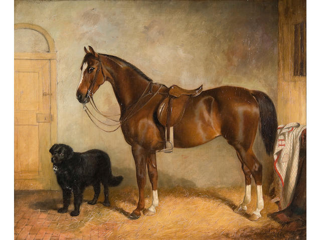 James Wheeler Of Bath (British, 1820-1885) A chestnut hunter and hound in a stable