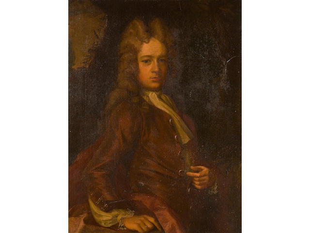 Circle of John Richardson (British?, born after 1774-died after 1864) Portrait of Samuel Enys (1709-1744), half length, wearing long wig and red jacket, together with a companion portrait of his wife, Dorothy Enys a pair,