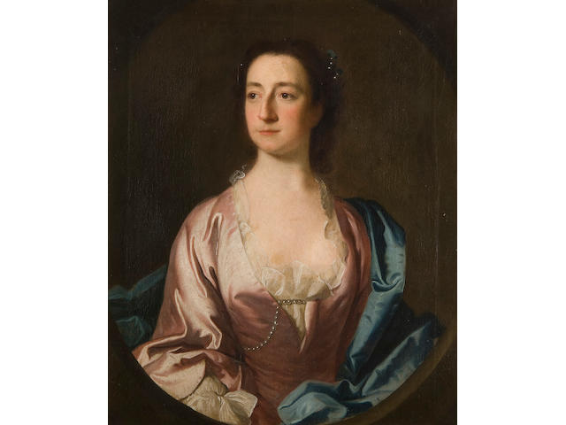 Circle of Allan Ramsay (British, 1852-1912) Portrait of Miss Lucy Bassett (d.1758), half length, wearing blue dress with pearl beads, together with a companion portrait of her sister, Mrs Archer (d.1758), wearing blue shawl over a pink dress with pearl beads a pair,