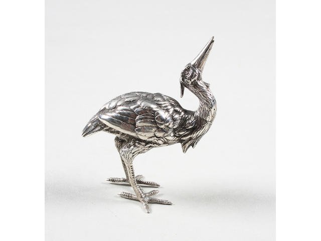 A Victorian silver novelty pepperette modelled as a heron By Thomas Johnson, London, 1886,