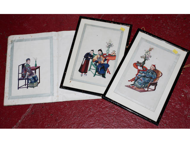 Two framed Chinese pith paper paintings circa 1880 one with a scholar in colourful robes seated on a chair, the other with a man as an attendant, 30 x 20cm