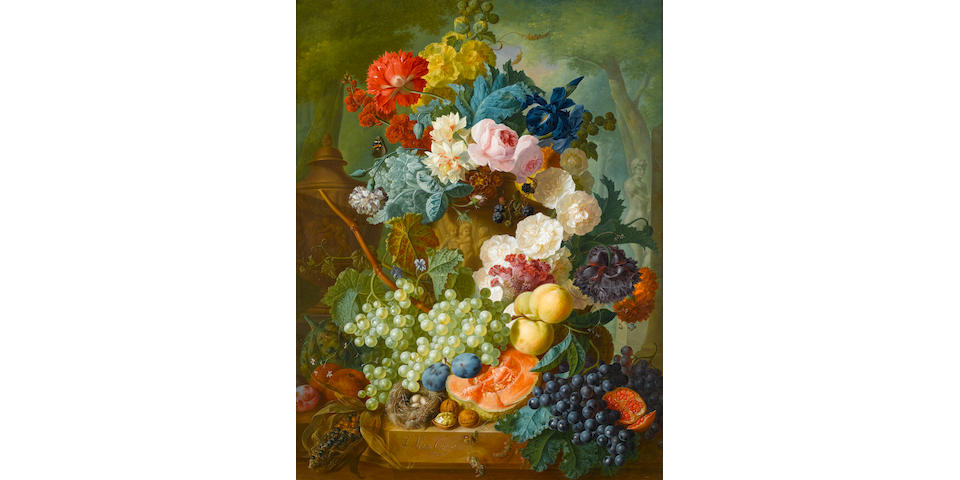 Jan van Os (Middelharnis 1744-1808 The Hague) Roses, irises, carnations and other flowers