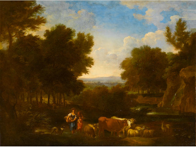 Circle of Carlo Antonio Tavella (Milano 1668-1738 Genoa) A wooded landscape with peasants resting; (2)