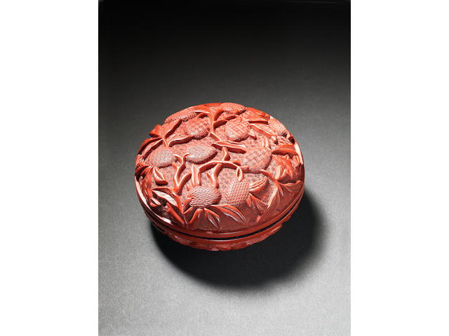 A rare carved lacquer 'lychee' box and cover Incised Jiajing eight-character mark, cyclically dated to AD 1542 and of the period