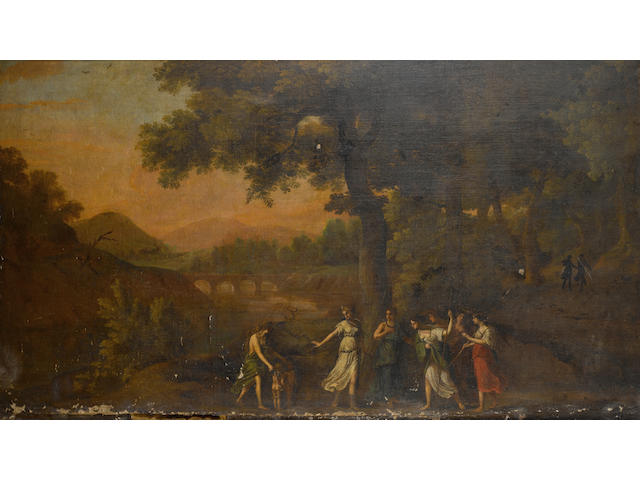 Bolognese School, circa 1700 A wooded landscape with Diana and her nymphs