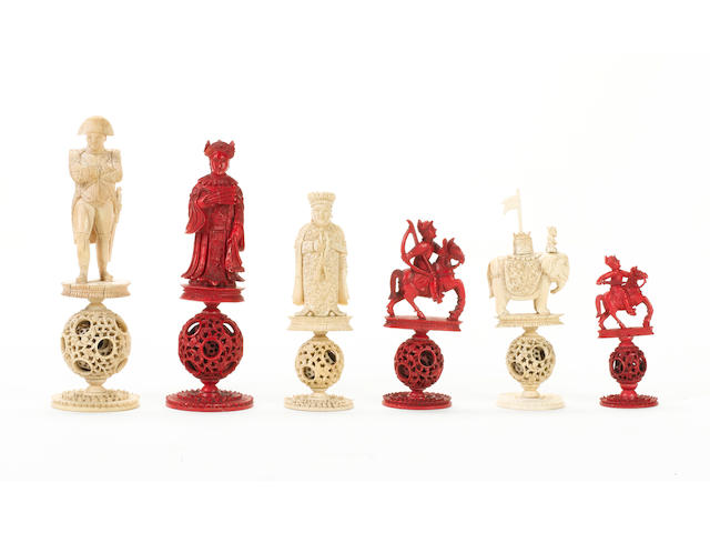 A Chinese Export "Napoleon" ivory figural chess set, Canton, circa 1810,