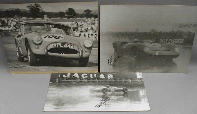 Three large signed monochrome photographs of drivers at British motor-racing events,