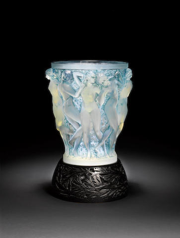 Ren&#233; Lalique 'Bacchantes' an impressive opalescent and stained glass vase with original metal stand, design 1927