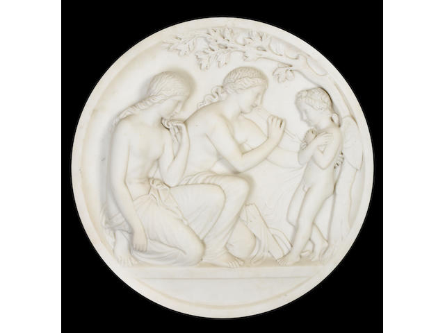 Mid 19th century carrara marble plaque, cupid and female attendants, Henry Timbrell - Rome 1847