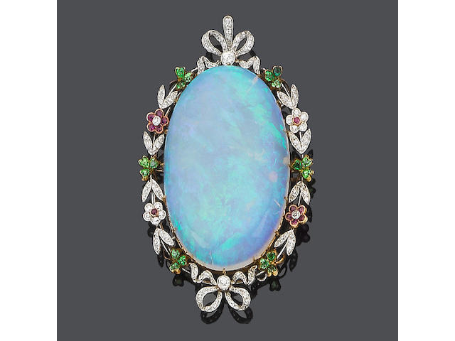 An opal, demantoid garnet, ruby and diamond pendant,