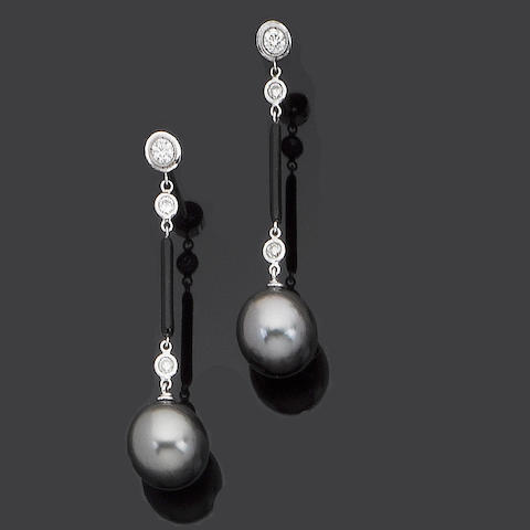 A pair of cultured pearl, diamond and onyx pendent earrings