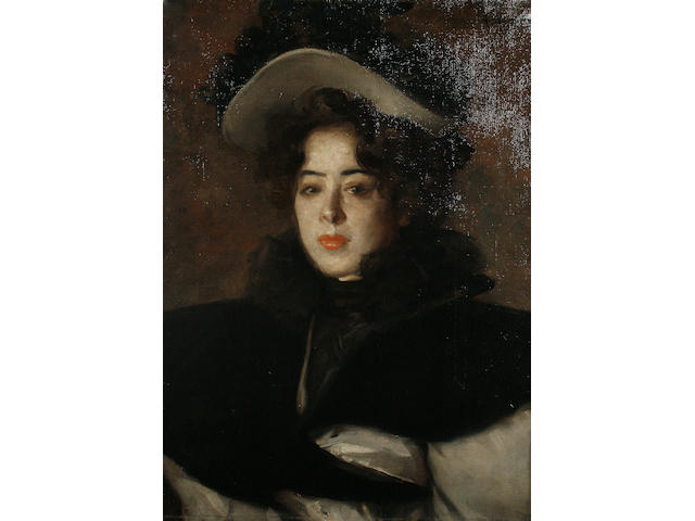 Albert de Belleroche (British, 1864-1944) Portrait of Nana, bust length wearing a feathered hat