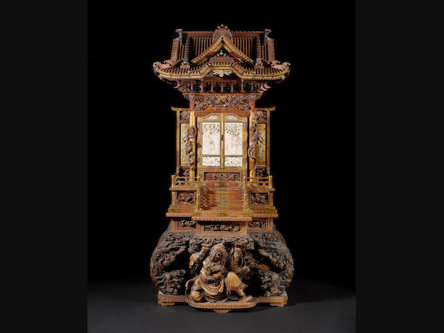 A large and elaborate model of a laquered-wood, ivory and Shibayama-inlaid shrine Meiji Period