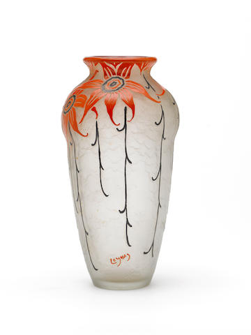 Legras an enamel and acid-etched glass vase, circa 1925