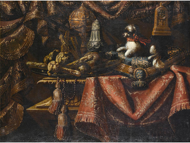 Antonio Tibaldi (Rome circa 1635-circa 1675) A dog resting on a cushion with a silver gilt ewer on a draped table-top, before a brocade curtain; and A dog resting on a cushion (2)