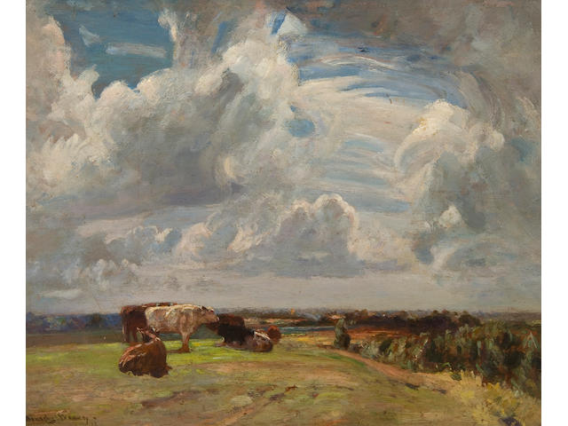 Sir John Alfred Arnesby Brown (British, 1866-1955) Cattle in a landscape beneath summer skies