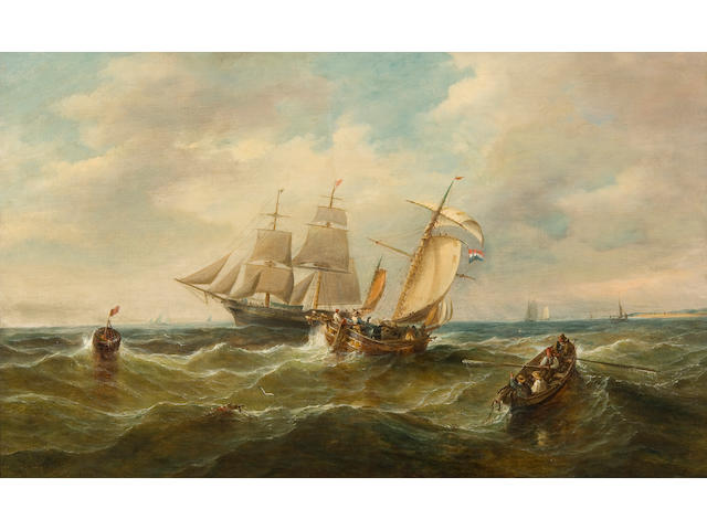 John Moore of Ipswich (British, 1820-1902) Sailing vessels off the coast