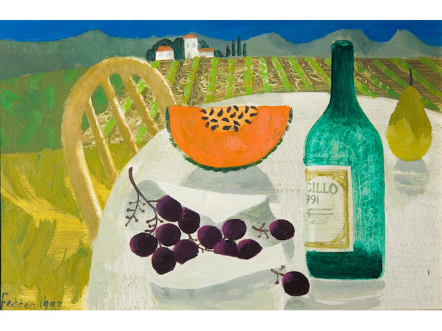 Mary Fedden R.A. (British, born 1915) Design for a wine label: Still life with grapes