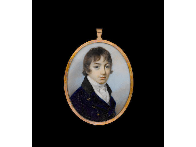 George Engleheart (British, 1750/3-1829) A Young Gentleman, wearing blue coat with black collar and brass buttons over white waistcoat and tied white cravat