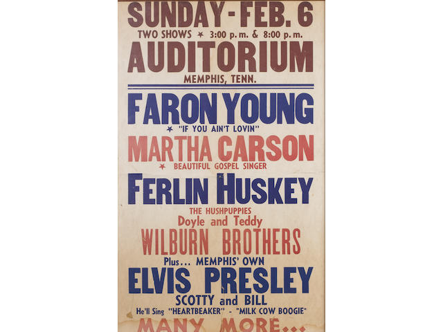 A poster for Elvis Presley at the Ellis Auditorium, Memphis, 6th February, 1955,