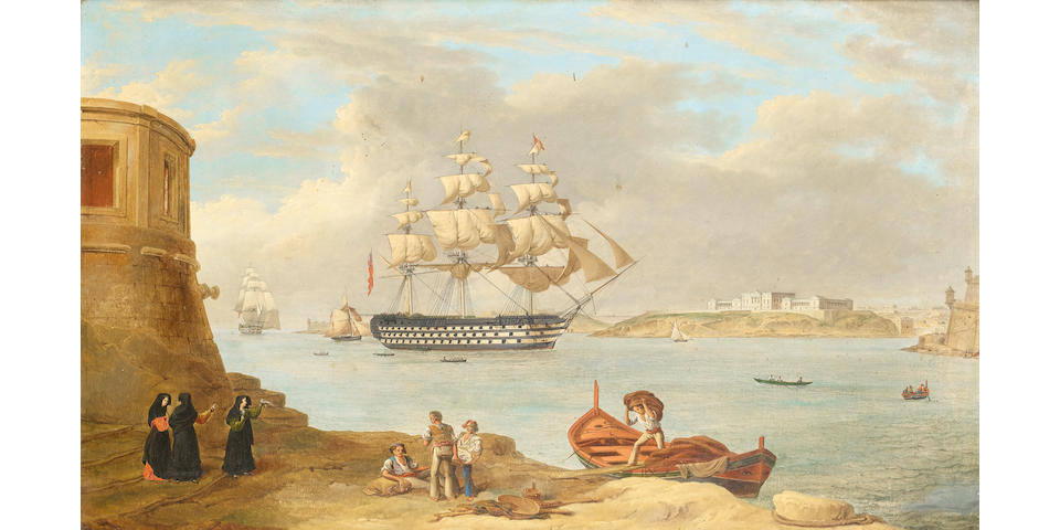 Anton Schranz (German, 1769-1839) HMS Britannia entering the Grand Harbour, Valletta; HMS Britannia at anchor, a pair , the other 35.5 x 57cm (14 x 22 1/2in). ((2))