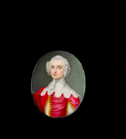 Andreas Henry Groth (German, active circa 1739-1753) A Gentleman, wearing cerise-coloured doublet trimmed with gold and slashed to reveal white, white lace falling collar tied with tasselled cords, his wig curled and powdered