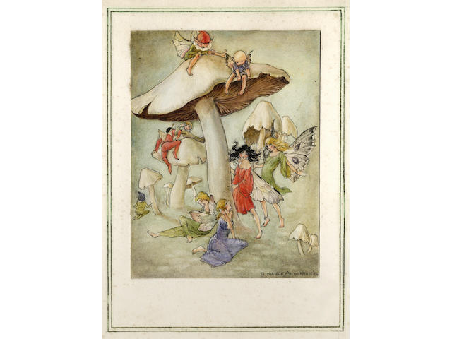 ANDERSON (FLORENCE) "On Mushroom Hill", a fine original watercolour, pen and ink design, illustrating fairies and pixies standing beneath, and climbing upon a group of mushrooms